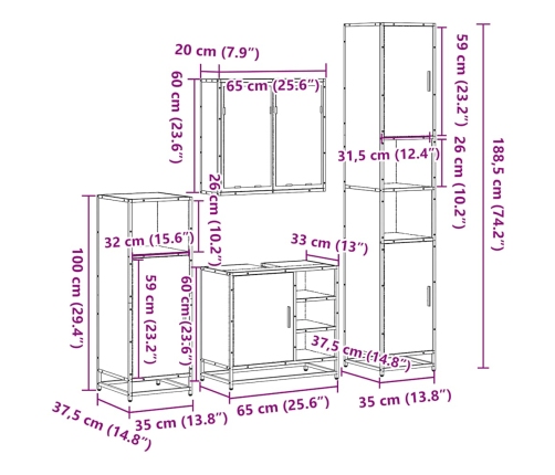 Set de muebles baño 4 pzas madera contrachapada roble ahumado