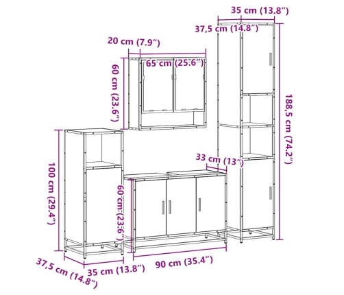 Set de muebles baño 4 pzas madera contrachapada roble ahumado