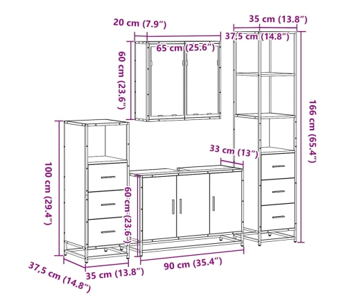 Set de muebles baño 4 pzas madera contrachapada roble ahumado