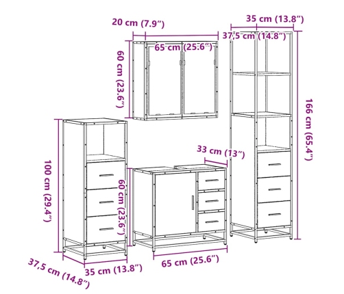 Set de muebles baño 4 pzas madera contrachapada roble ahumado