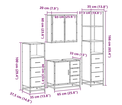 Set de muebles baño 4 pzas madera contrachapada roble marrón