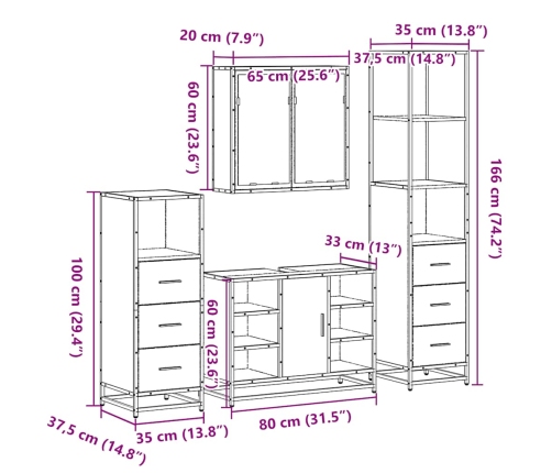 Set de muebles baño 4 pzas madera contrachapada roble ahumado