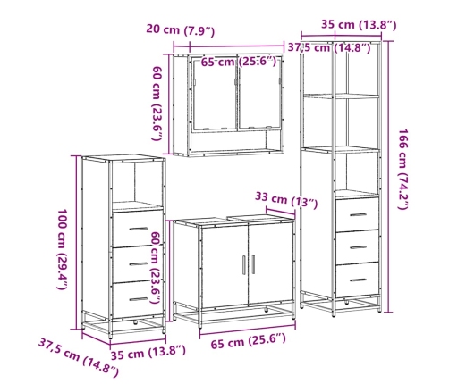 Set de muebles baño 4 pzas madera contrachapada roble ahumado