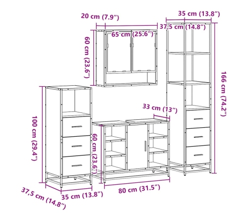 Set de muebles baño 4 pzas madera contrachapada roble marrón