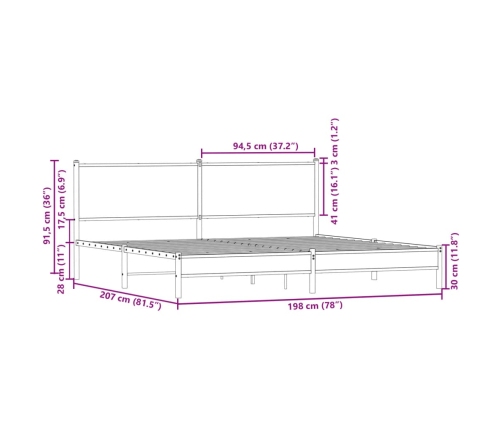 Estructura de cama sin colchón metal roble ahumado 193x203 cm