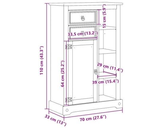 Armario de baño Corona madera maciza de pino 70x33x110 cm