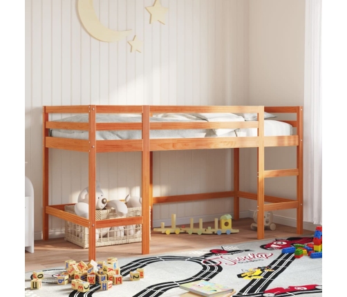 Cama alta de niños con escalera madera maciza marrón 90x200 cm