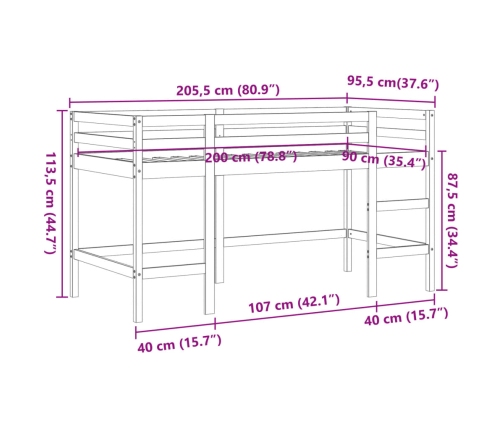 Cama alta de niños con escalera madera maciza marrón 90x200 cm