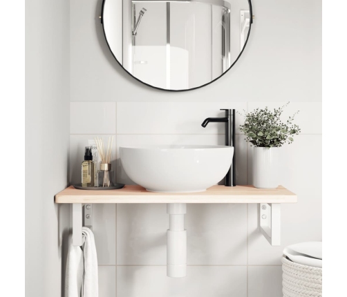 Estante de lavabo de pared de acero y madera maciza de roble