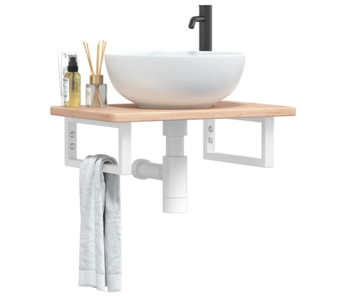 Estante de lavabo de pared de acero y madera maciza de roble