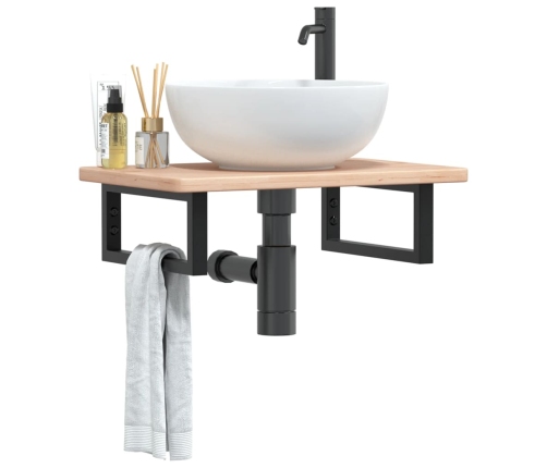 Estante de lavabo de pared de acero y madera maciza de roble