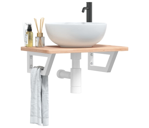 Estante de lavabo de pared de acero y madera maciza de roble