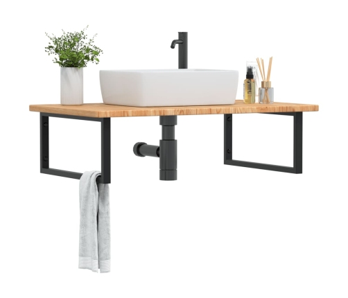 Estante de lavabo de pared de acero y madera maciza de roble