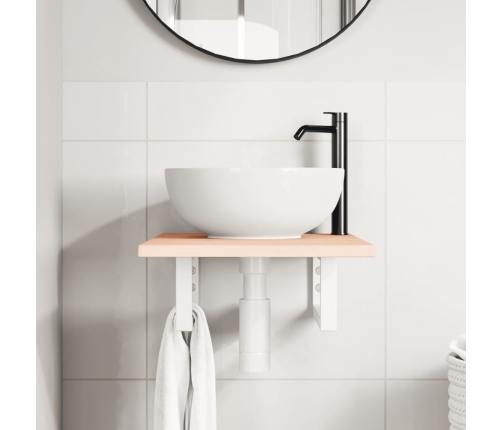 Estante de lavabo de pared de acero y madera maciza de roble