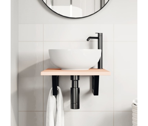 Estante de lavabo de pared de acero y madera maciza de roble