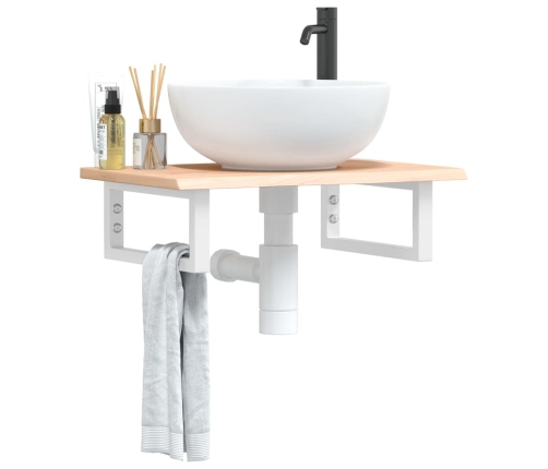 Estante de lavabo de pared de acero y madera maciza de roble