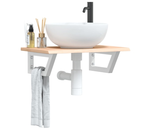 Estante de lavabo de pared de acero y madera maciza de roble