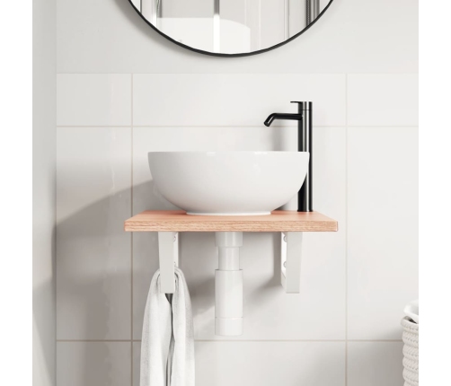 Estante de lavabo de pared de acero y madera maciza de roble