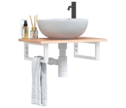 Estante de lavabo de pared de acero y madera maciza de roble