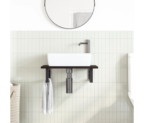 Estante de lavabo de pared de acero y madera maciza de roble