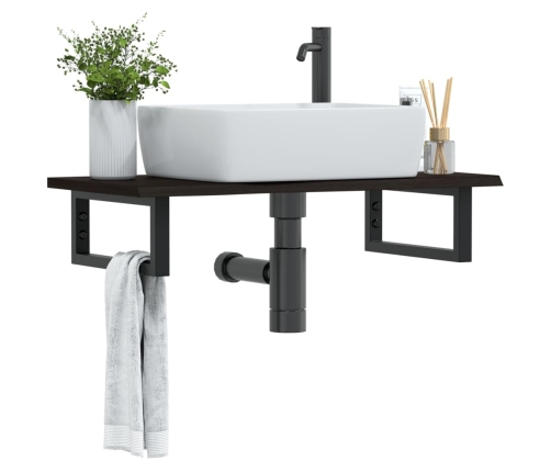 Estante de lavabo de pared de acero y madera maciza de roble