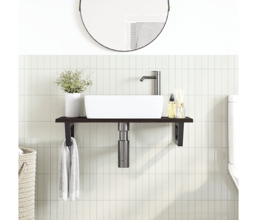 Estante de lavabo de pared de acero y madera maciza de roble