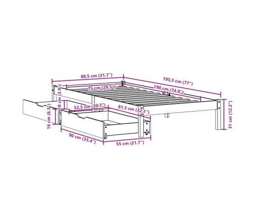 Estructura de cama sin colchón madera maciza pino 75x190 cm