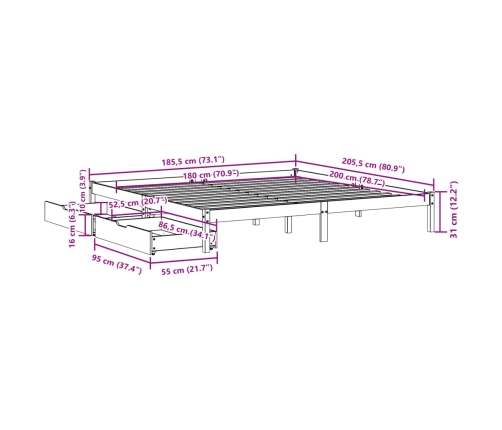 Estructura de cama sin colchón madera maciza de pino 180x200 cm