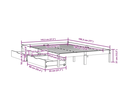 Cama sin colchón madera maciza de pino marrón cera 140x190 cm