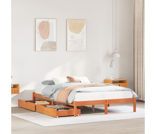 Cama sin colchón madera maciza de pino marrón cera 140x190 cm