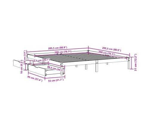 Cama sin colchón madera maciza de pino marrón cera 200x200 cm