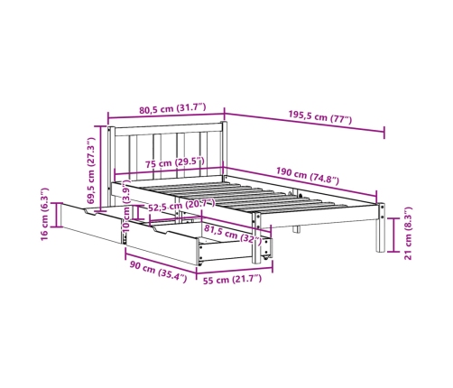 Estructura de cama sin colchón madera maciza pino 75x190 cm