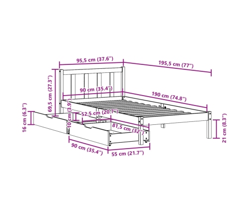 Estructura de cama sin colchón madera maciza blanca 90x190 cm