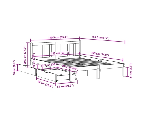 Estructura de cama sin colchón madera maciza de pino 135x190 cm