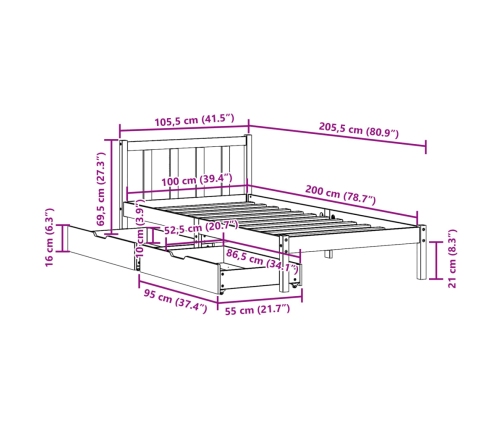 Estructura de cama sin colchón madera maciza de pino 100x200 cm