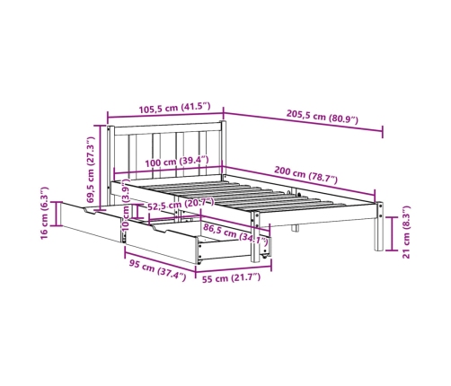 Estructura cama sin colchón madera maciza pino blanca 100x200cm