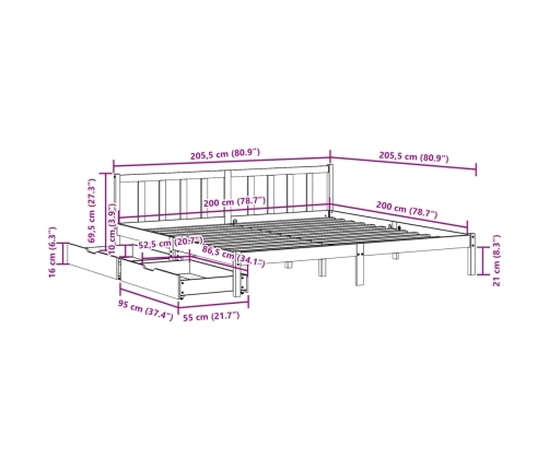 Estructura de cama sin colchón madera maciza de pino 200x200 cm