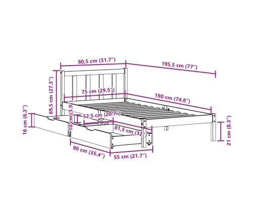 Estructura de cama sin colchón madera maciza marrón 75x190 cm