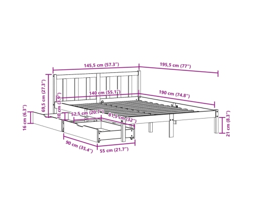 Cama sin colchón madera maciza de pino marrón cera 140x190 cm