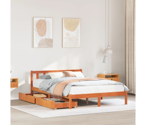 Cama sin colchón madera maciza de pino marrón cera 140x190 cm