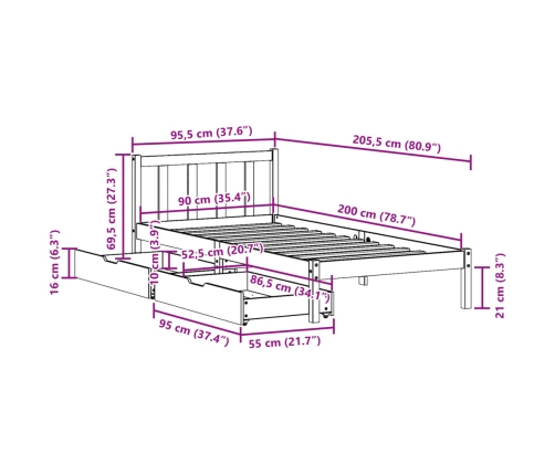 Estructura de cama sin colchón madera de pino marrón 90x200 cm