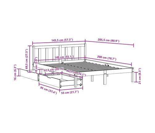 Cama sin colchón madera maciza de pino marrón cera 140x200 cm