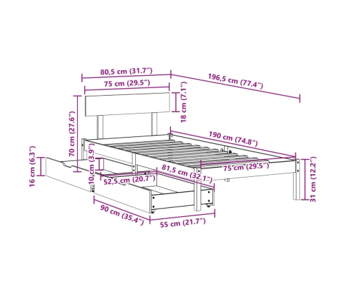 Estructura de cama sin colchón madera maciza pino 75x190 cm