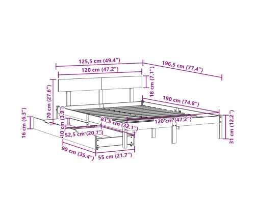 Estructura de cama sin colchón madera maciza blanca 120x190 cm