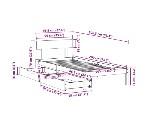 Estructura de cama sin colchón madera maciza de pino 90x200 cm