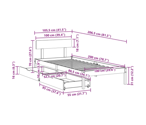 Estructura de cama sin colchón madera maciza de pino 100x200 cm