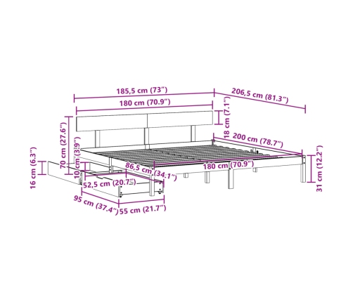 Estructura de cama sin colchón madera maciza de pino 180x200 cm