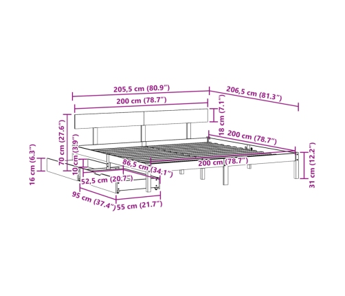 Estructura de cama sin colchón madera maciza de pino 200x200 cm