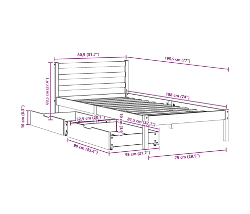 Estructura de cama sin colchón madera maciza blanca 75x190 cm