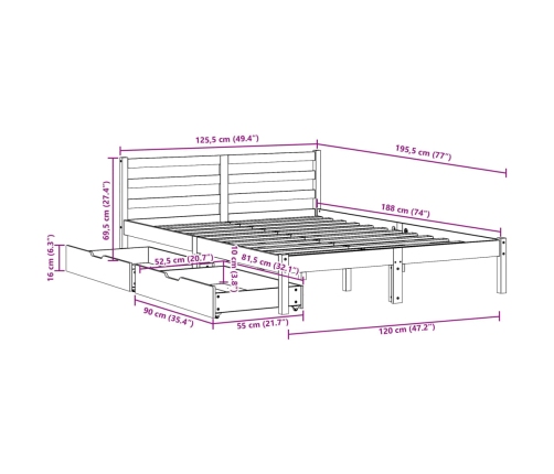 Estructura de cama sin colchón madera maciza de pino 120x190 cm